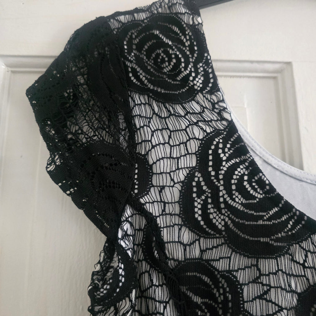 Izabel London Black Lace Overlay Dress with Floral Pattern, size 10