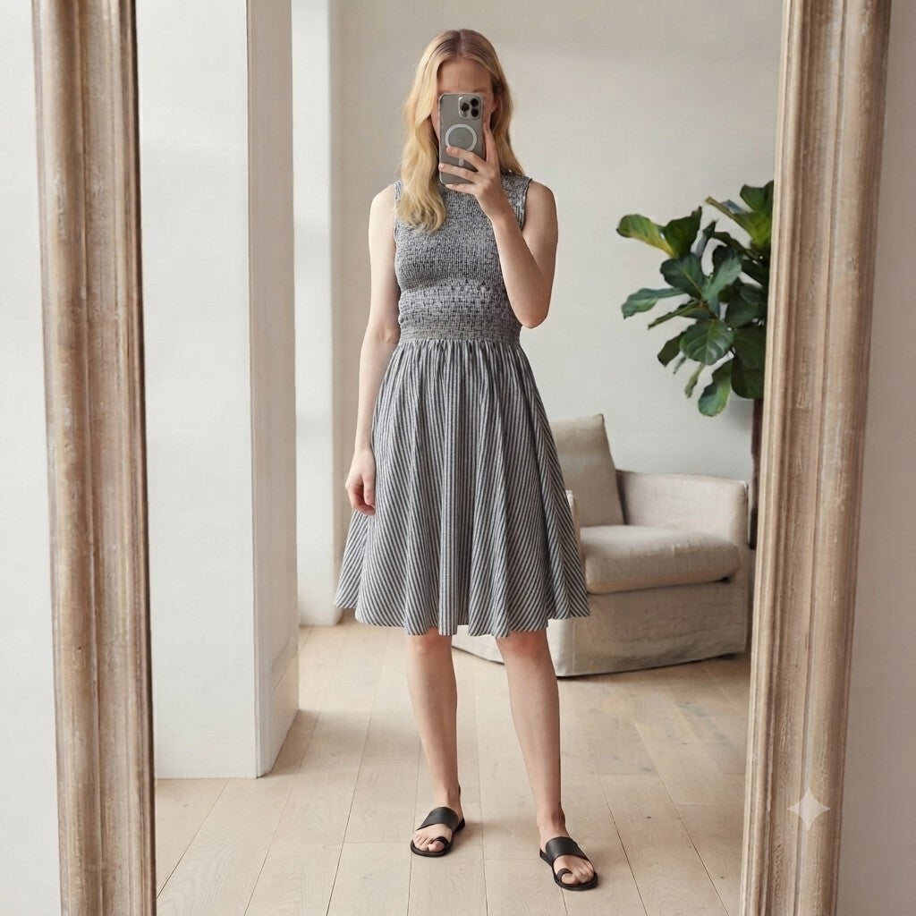 French Connection BNWT Black and White Striped Sleeveless Shirred Dress Size 12