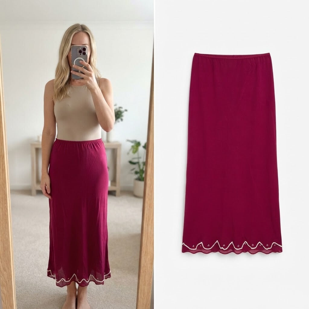 Wallis Burgundy Beaded Hem Midi Skirt UK Size 14, vintage,