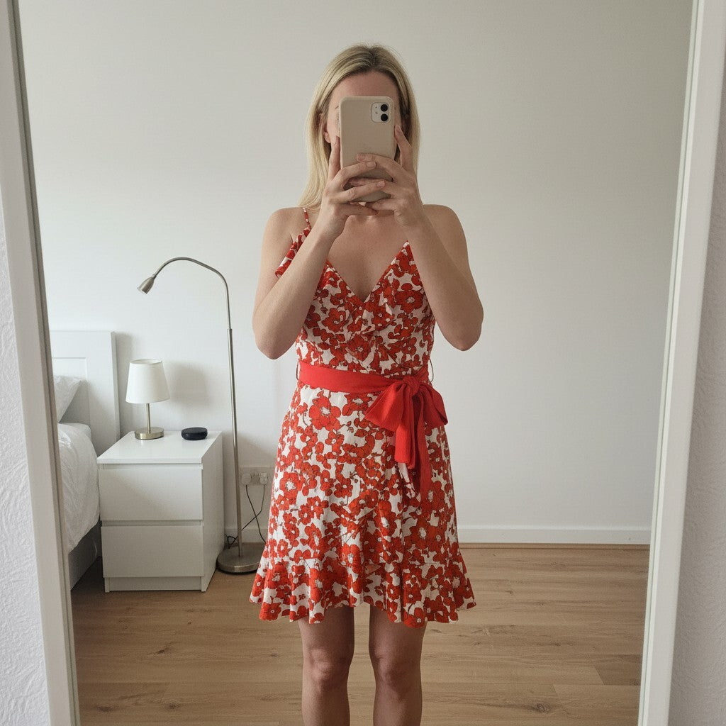 Topshop Red Floral Wrap Dress with Ruffle Detail and Tie Waist, UK 10