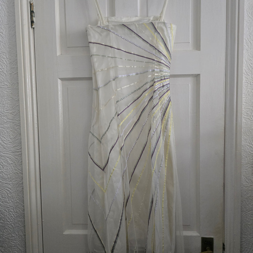 Coast Vintage Elegant White Evening Dress with Multicolour Striped Detail Size 8
