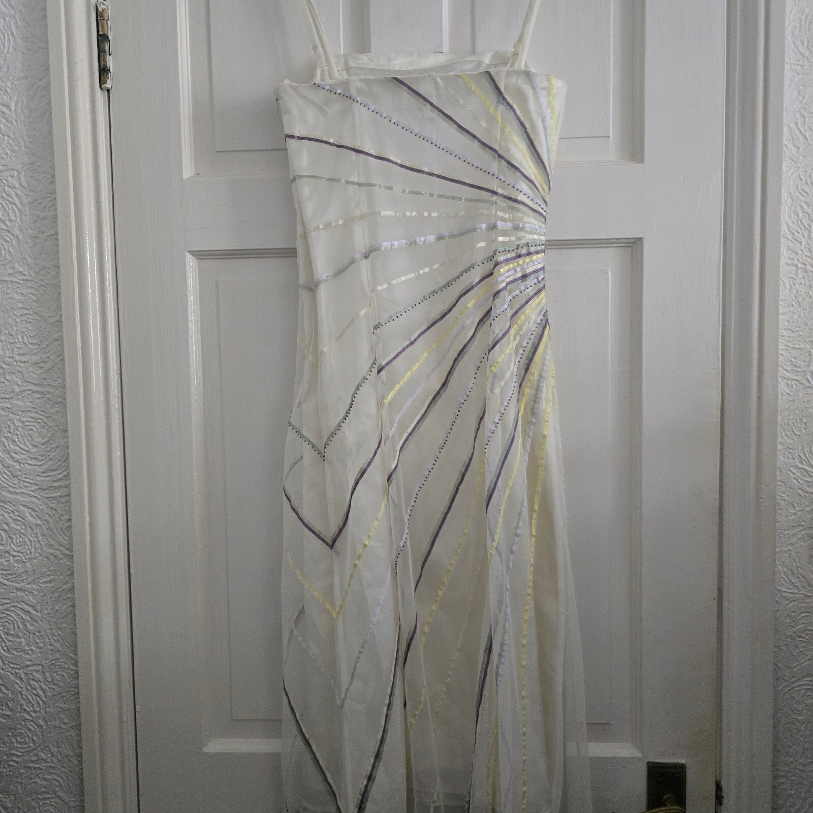 Coast Vintage Elegant White Evening Dress with Multicolour Striped Detail Size 8