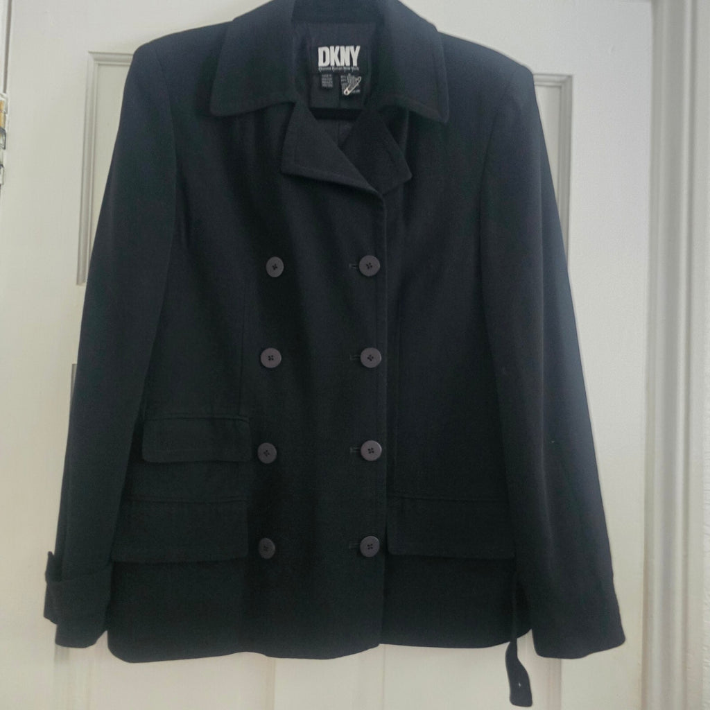 DKNY Black Double-Breasted Wool Blend Coat, cropped short trench, size 8