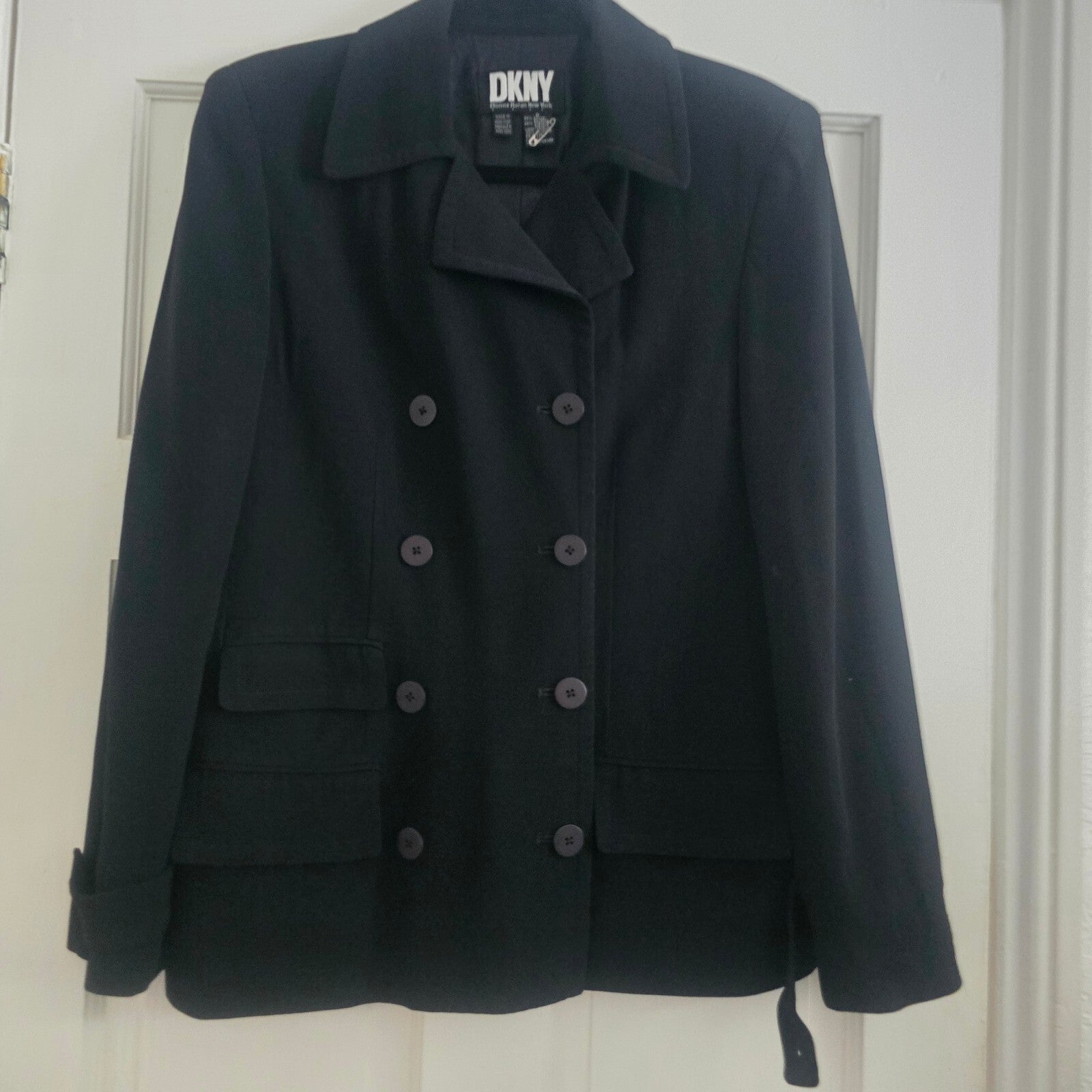 DKNY Black Double-Breasted Wool Blend Coat, cropped short trench, size 8