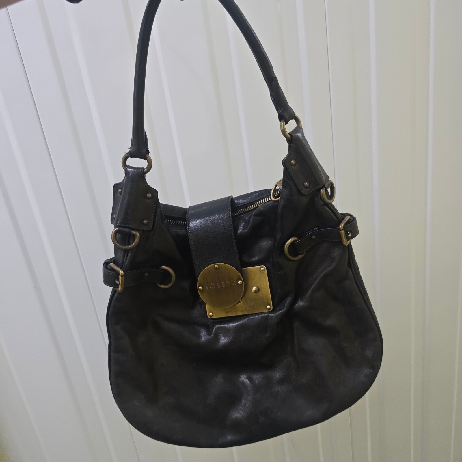 Joseph Vintage Leather Black Leather Shoulder Bag with Brass Hardware