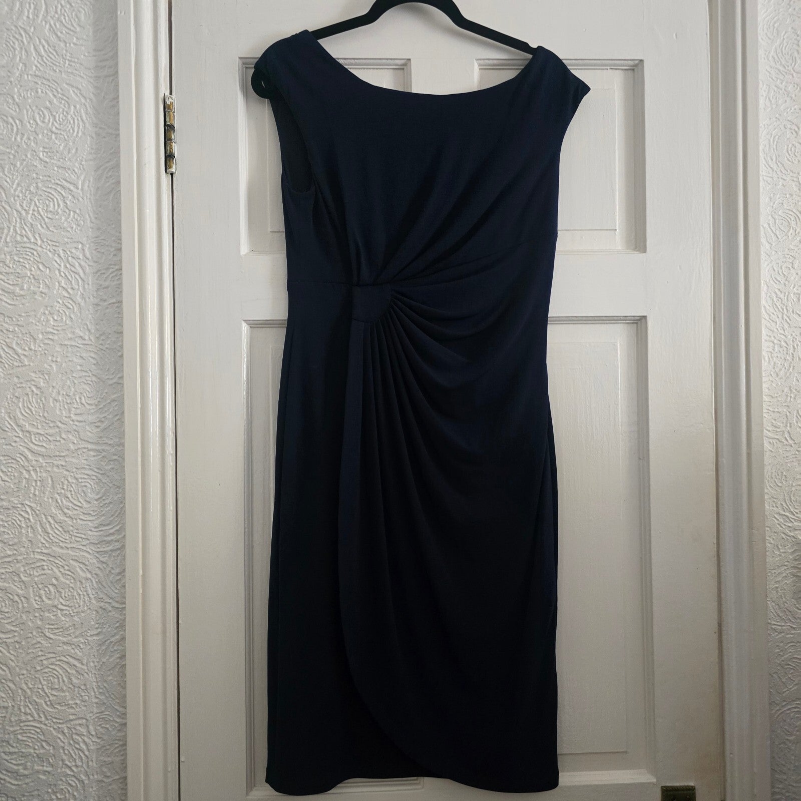 Connected Apparel Navy Blue Sleeveless Ruched Dress  with drape Size 10