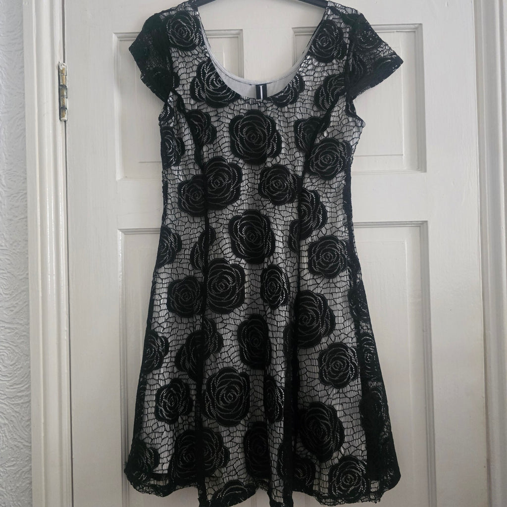 Izabel London Black Lace Overlay Dress with Floral Pattern, size 10