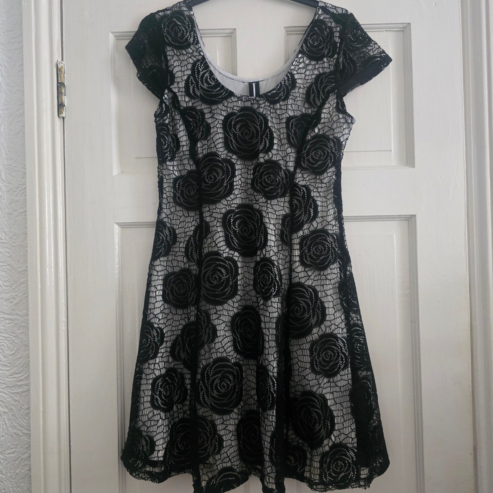 Izabel London Black Lace Overlay Dress with Floral Pattern, size 10