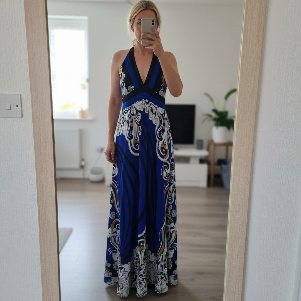 Tribeca Blue and Black Floral Halter Maxi Dress UK Size 8