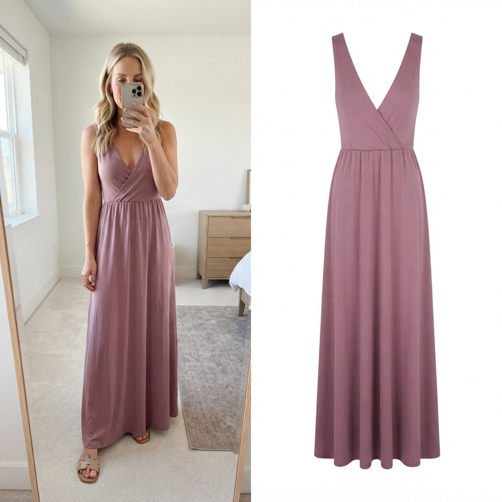 VILA Mauve Sleeveless Maxi Dress with Deep V-Neckline, Size XS