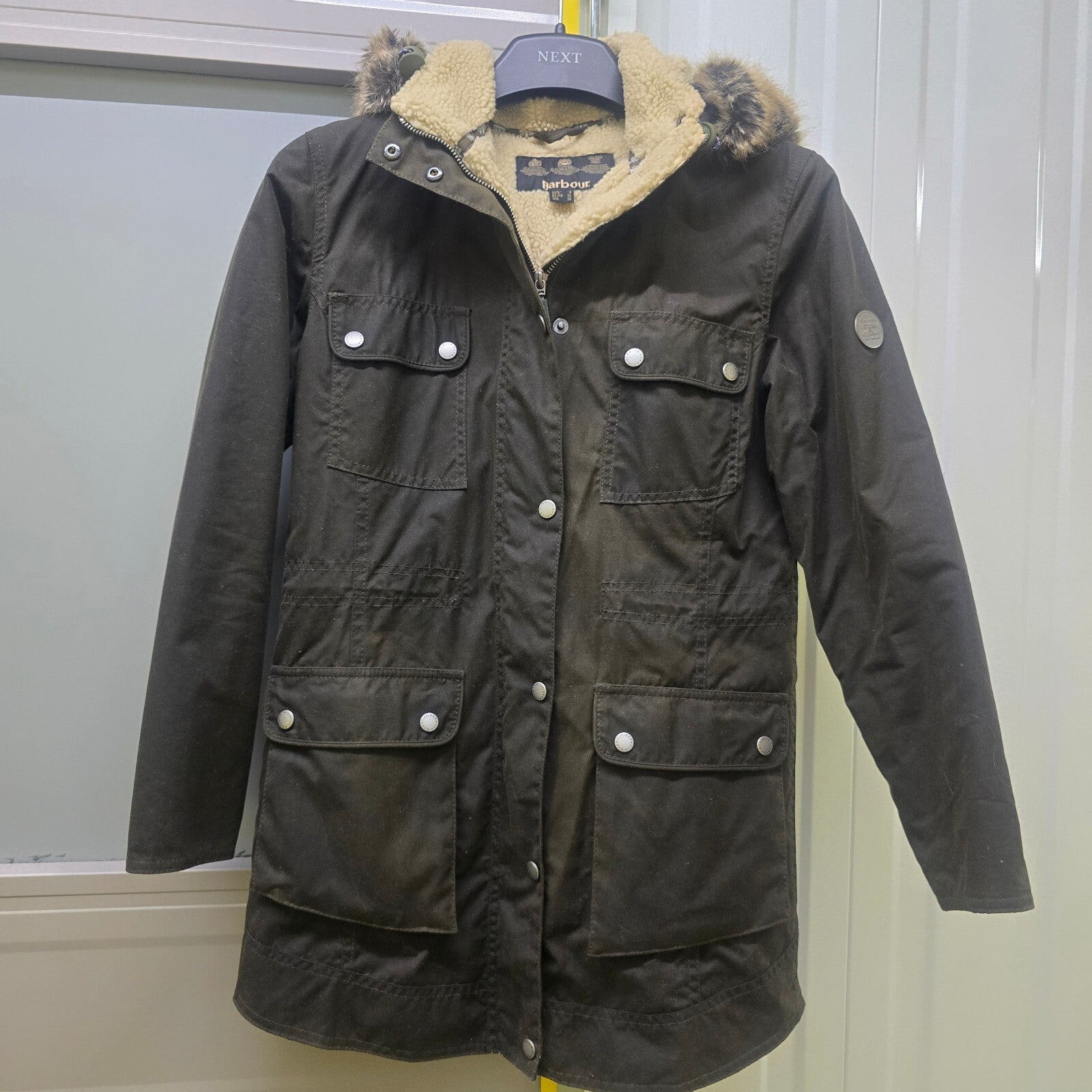 Barbour Caribena Waxed Cotton Jacket, Sherpa Lining, Faux Fur Hood Trim, size 8