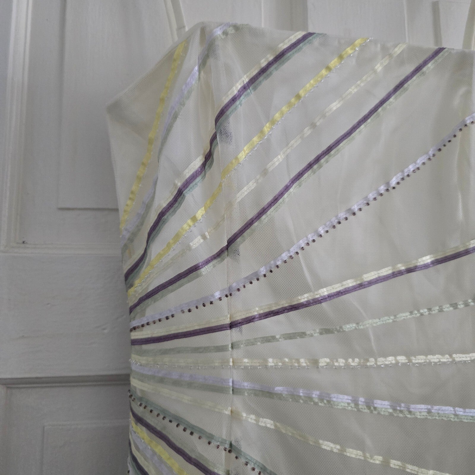 Coast Vintage Elegant White Evening Dress with Multicolour Striped Detail Size 8