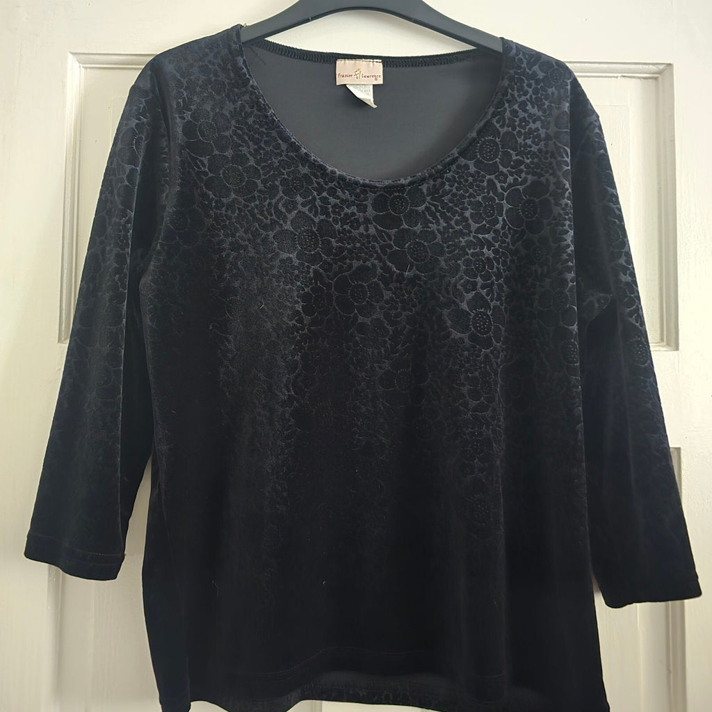 Frazier Lawrence Black Floral Velvet Long Sleeve Top Medium