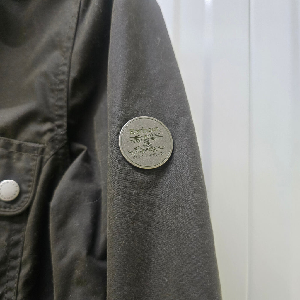 Barbour Caribena Waxed Cotton Jacket, Sherpa Lining, Faux Fur Hood Trim, size 8