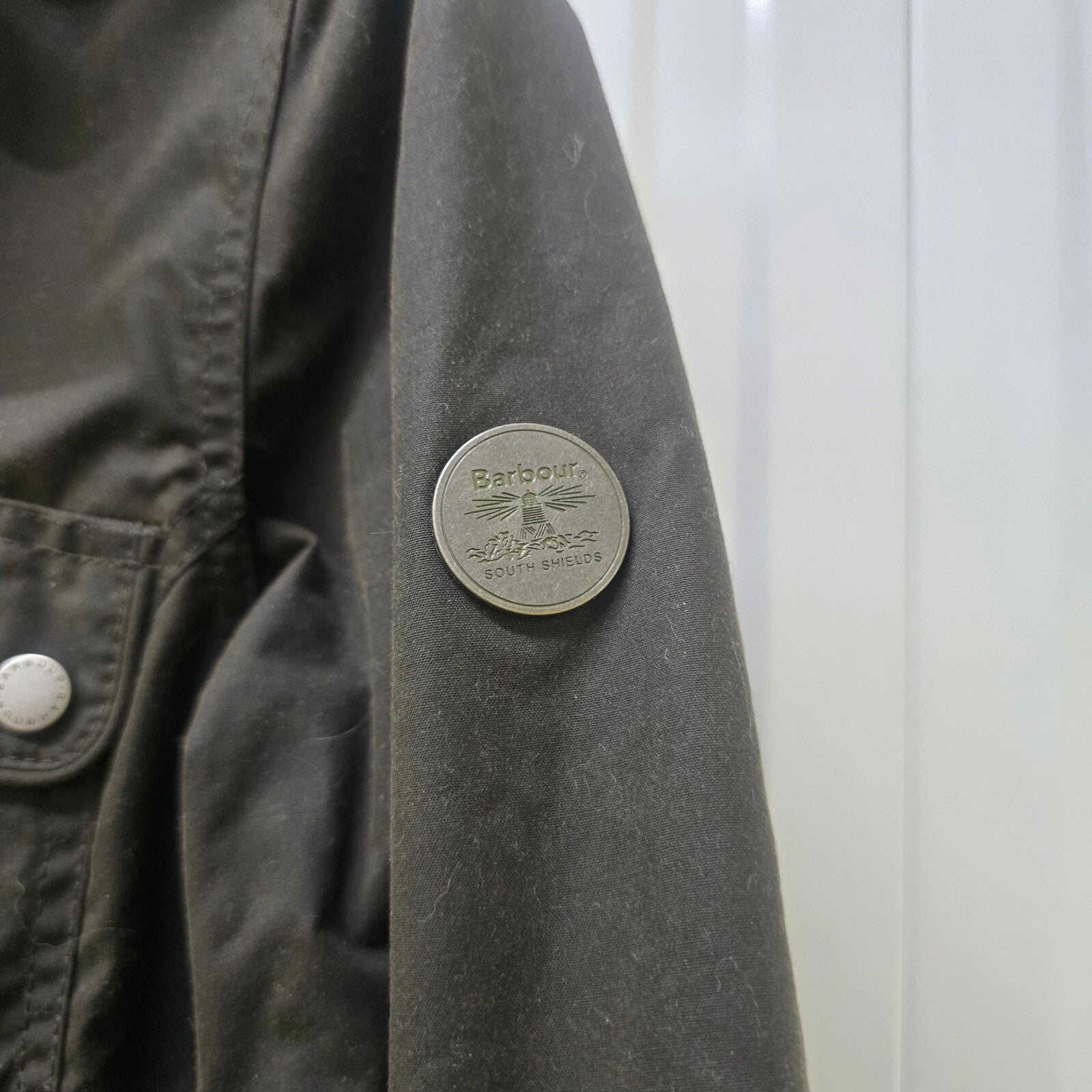 Barbour Caribena Waxed Cotton Jacket, Sherpa Lining, Faux Fur Hood Trim, size 8