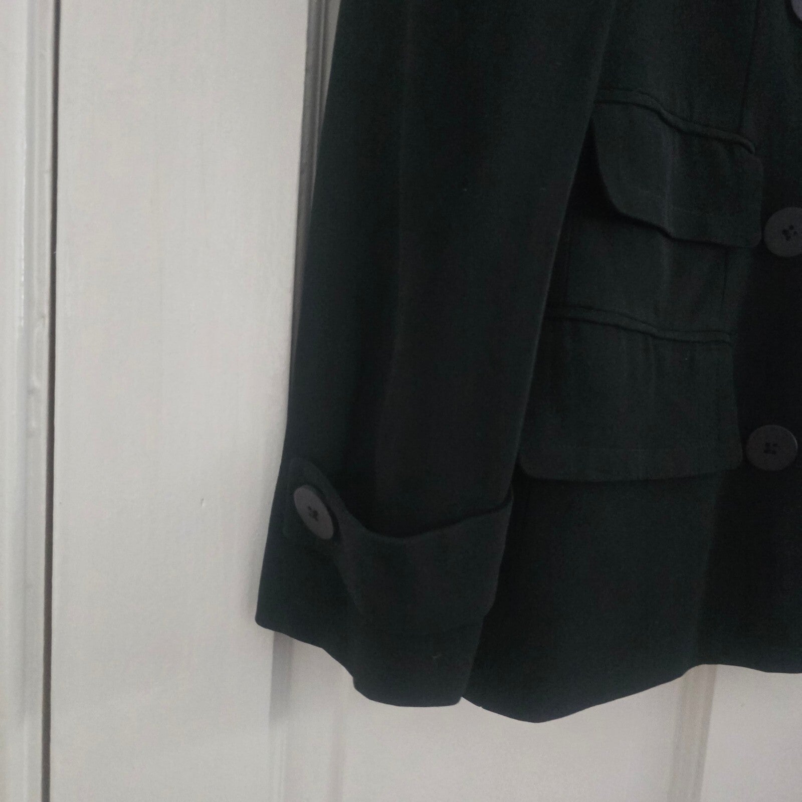 DKNY Black Double-Breasted Wool Blend Coat, cropped short trench, size 8