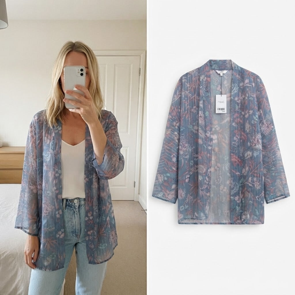 Next Blue Floral Sheer Cardigan Top Blouse Size 10, relaxed lightweight BNWT