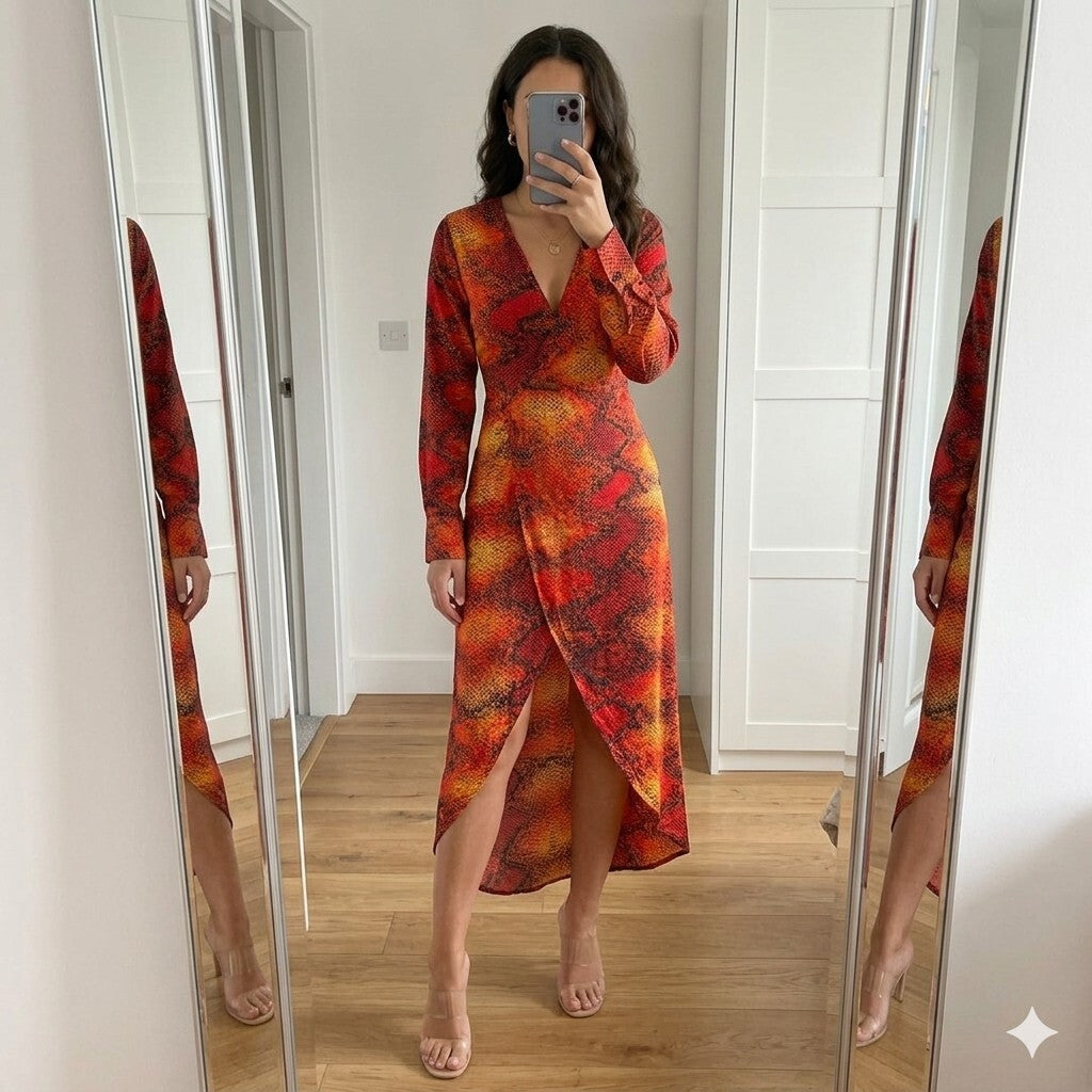 I Saw It First Sunset Snake Print Dress, Long Sleeve Front split, faux wrap, 8