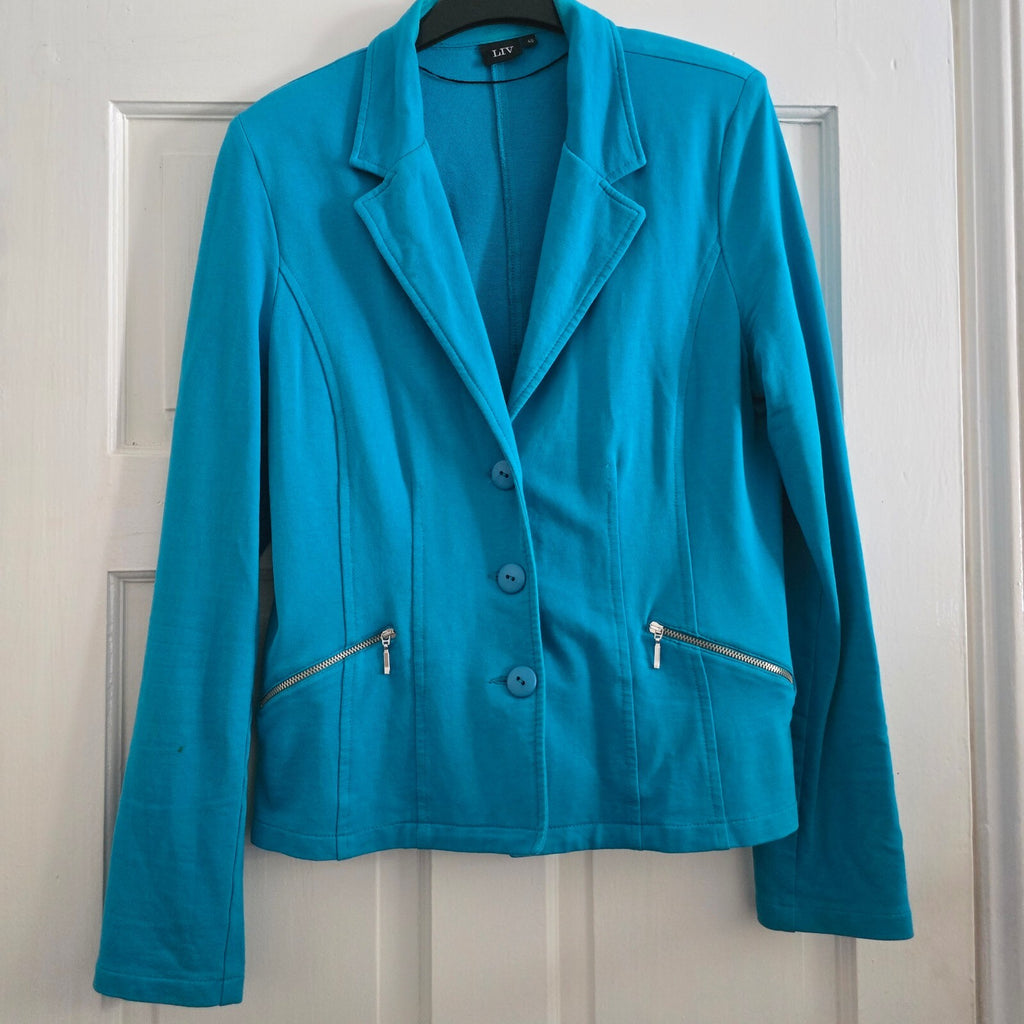 LIV Turquoise Blue Tailored Blazer Jacket Size 40, jersey fabric, stretch, comfy