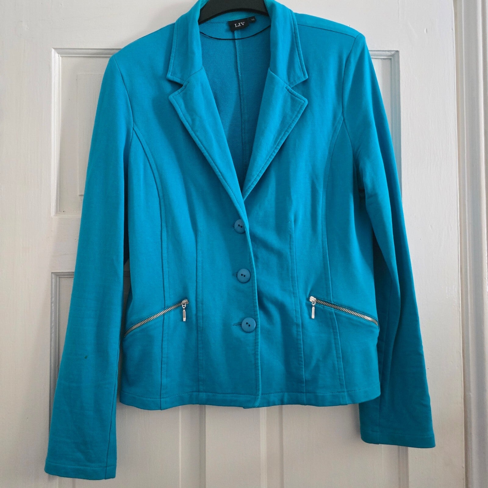 LIV Turquoise Blue Tailored Blazer Jacket Size 40, jersey fabric, stretch, comfy