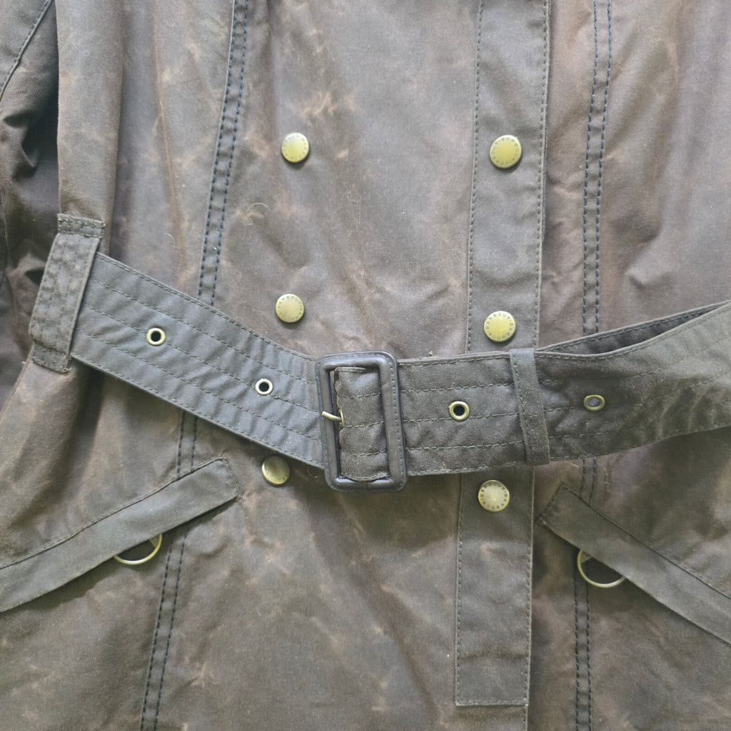 Barbour International Waxed Cotton Belted Trench Jacket Brown Size 8