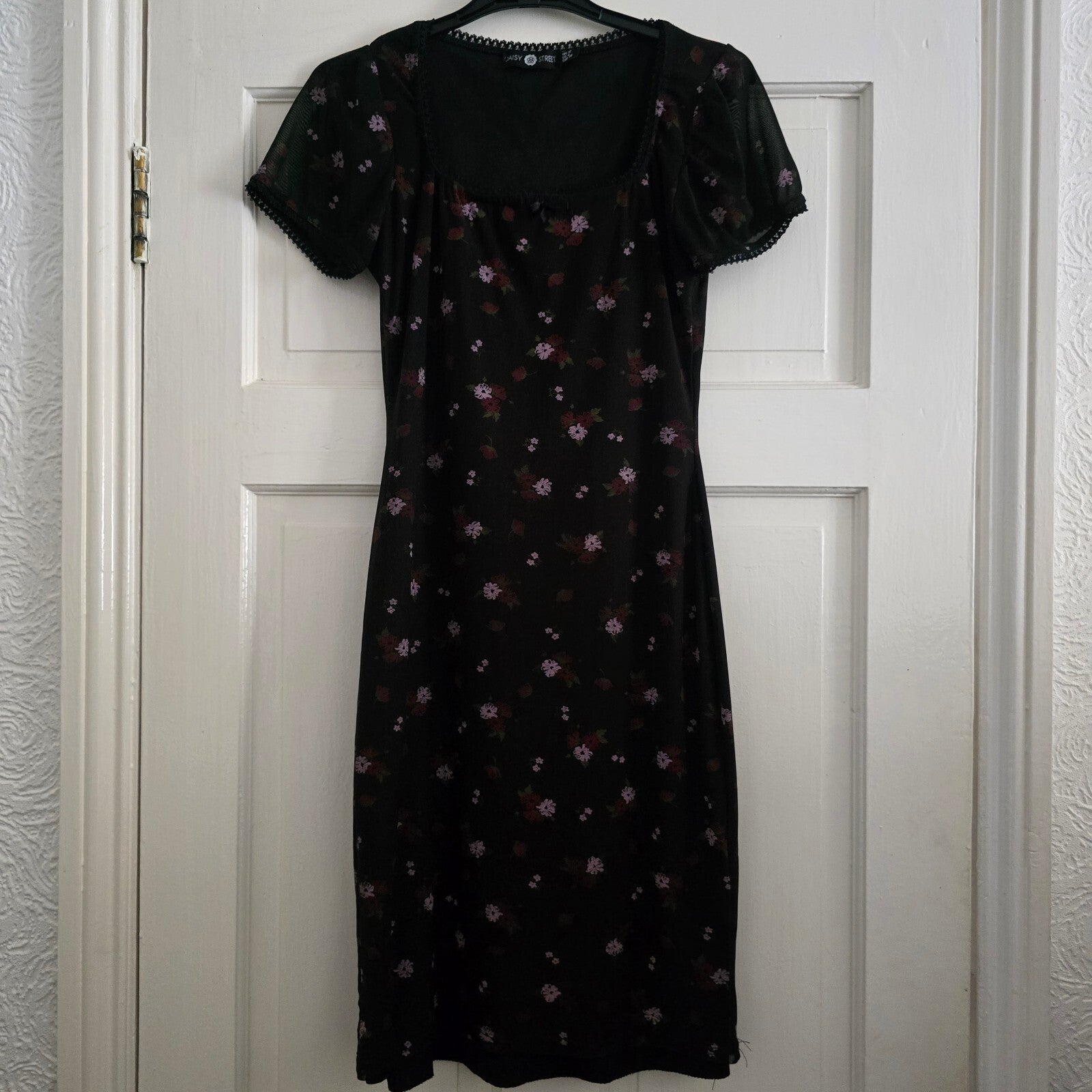 Daisy Street Black Floral Mesh Midi Dress UK 10, summer, festival, holiday boho