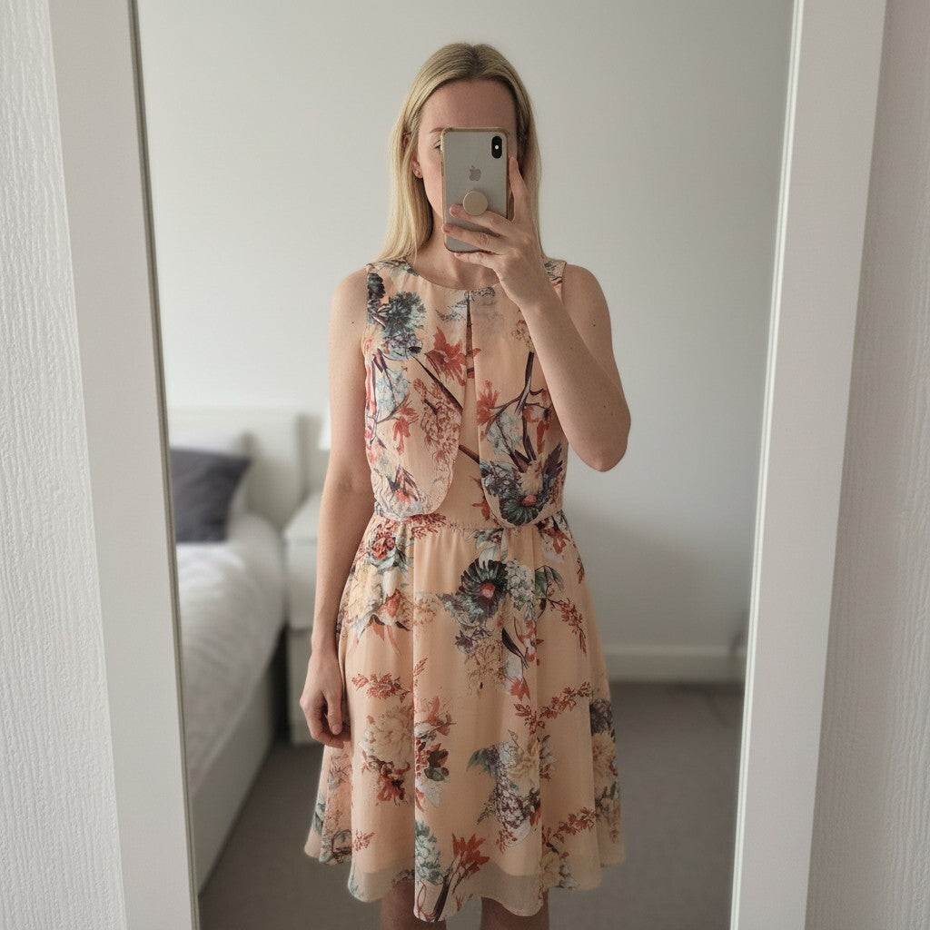 Forever 21 Peach Floral Sleeveless Dress with Ruffle Detail, BNWT, size M