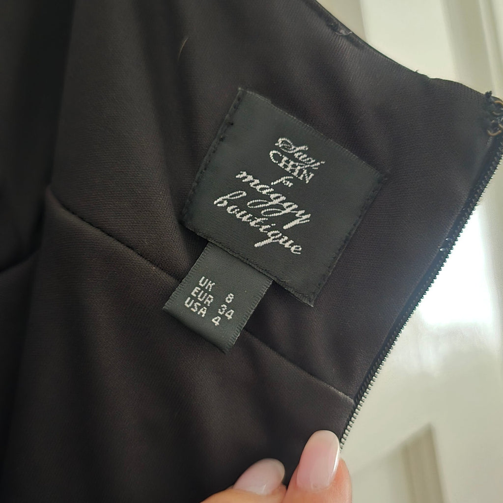 Louis Chin Madgay Boutique Black Satin Ruched Party Midi Dress UK8 glam cocktail