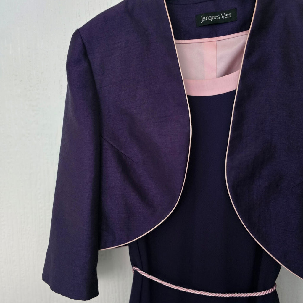Jacques Vert Navy and Pink Layered Ruffle Dress Suit & Bolero Jacket 20 coord