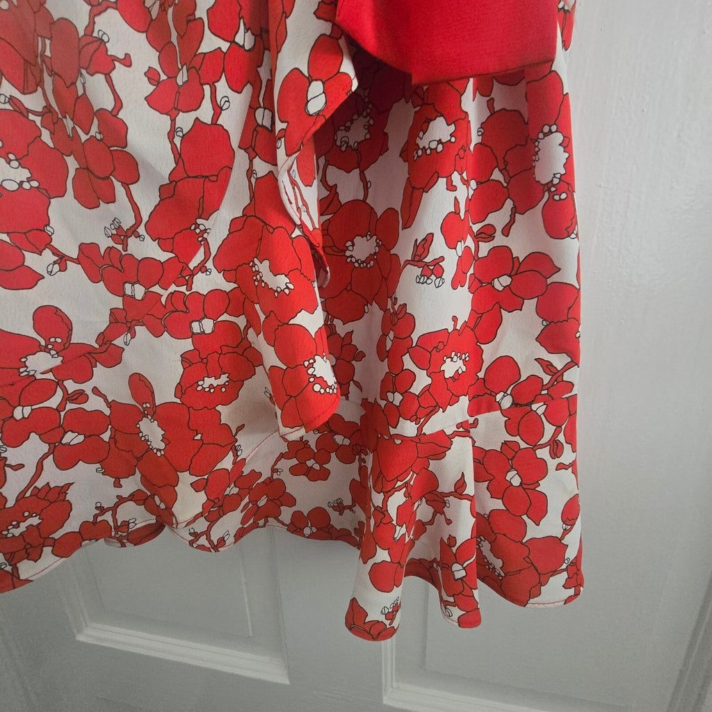 Topshop Red Floral Wrap Dress with Ruffle Detail and Tie Waist, UK 10