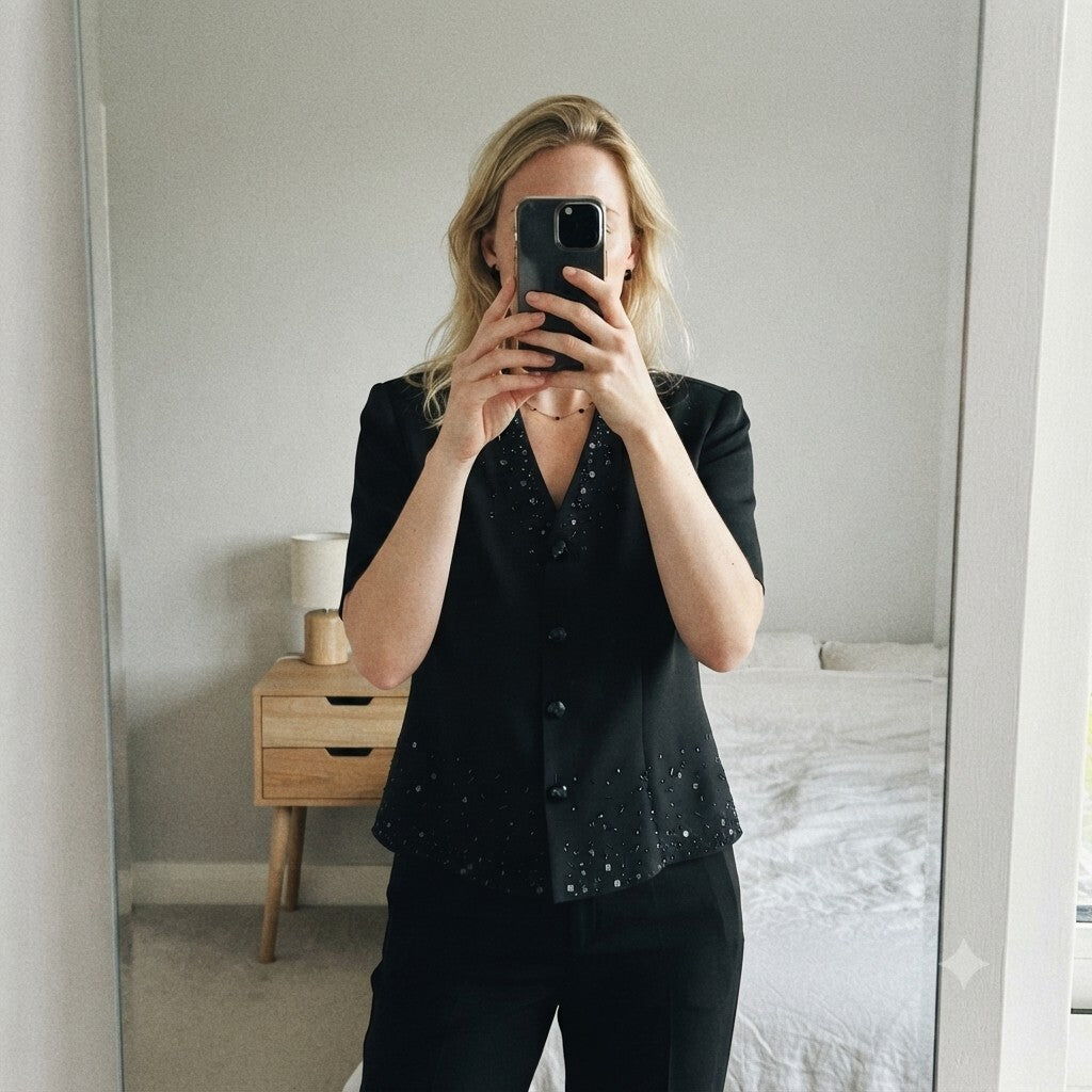 Berketex Black Short Sleeve Beaded Button Blazer Jacket UK Size 12, vintage glam