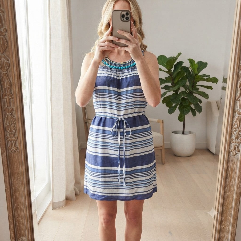 Clements Ribeiro Striped Cotton Dress with Beaded Neckline, Size UK 14