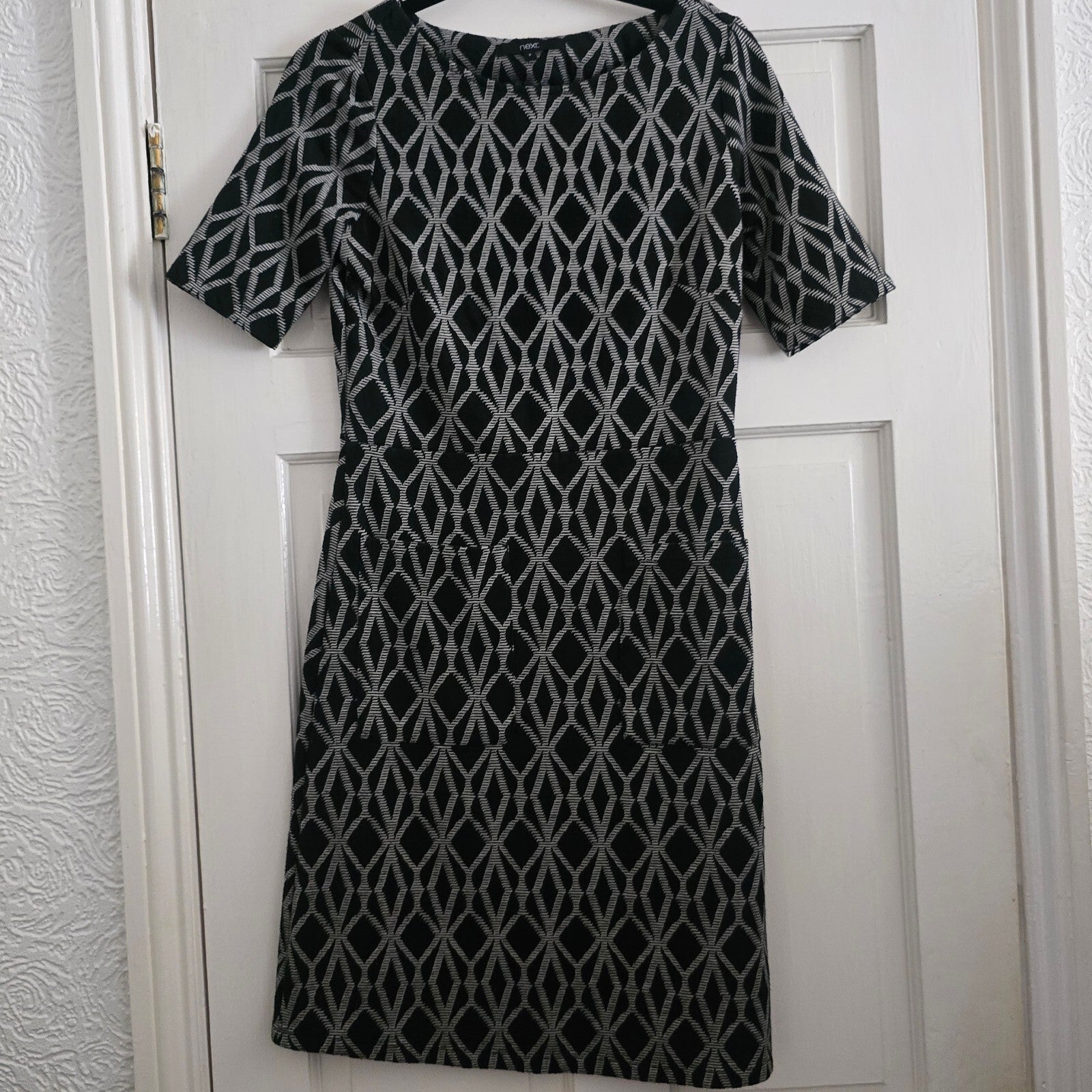 Next Black and Grey Geometric Pattern Short Sleeve Dress, size 8