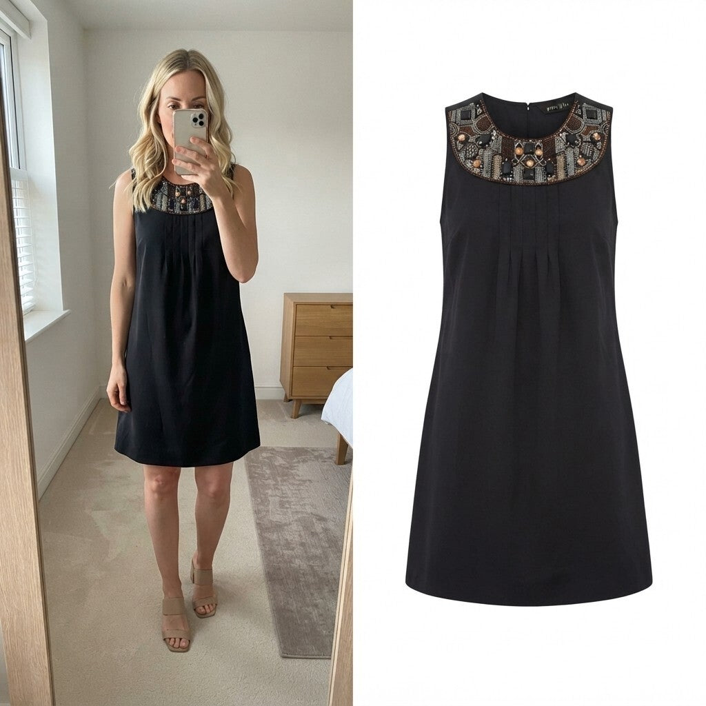 Principles Black Sleeveless Dress with Embellished Neckline, knee length, size S