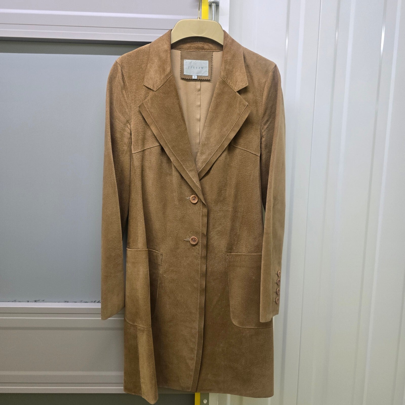 Jigsaw Tan Suede Leather Long Blazer Coat, Vintage, Luxury, Size 8