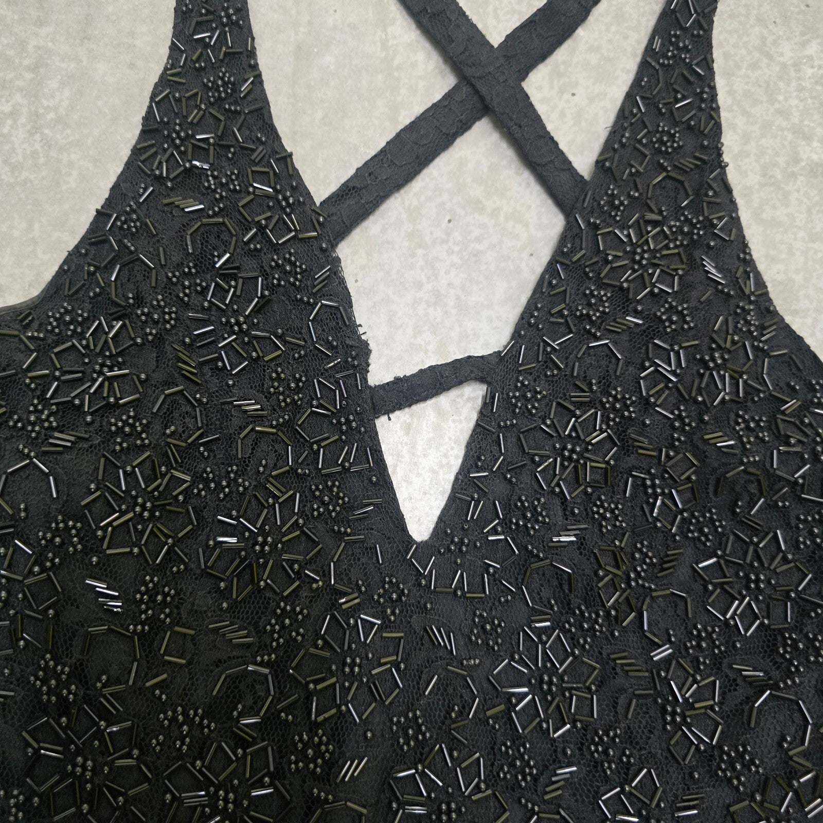Karen Millen Black Beaded Embellished Evening V neck Maxi Dress Size 10, vintage