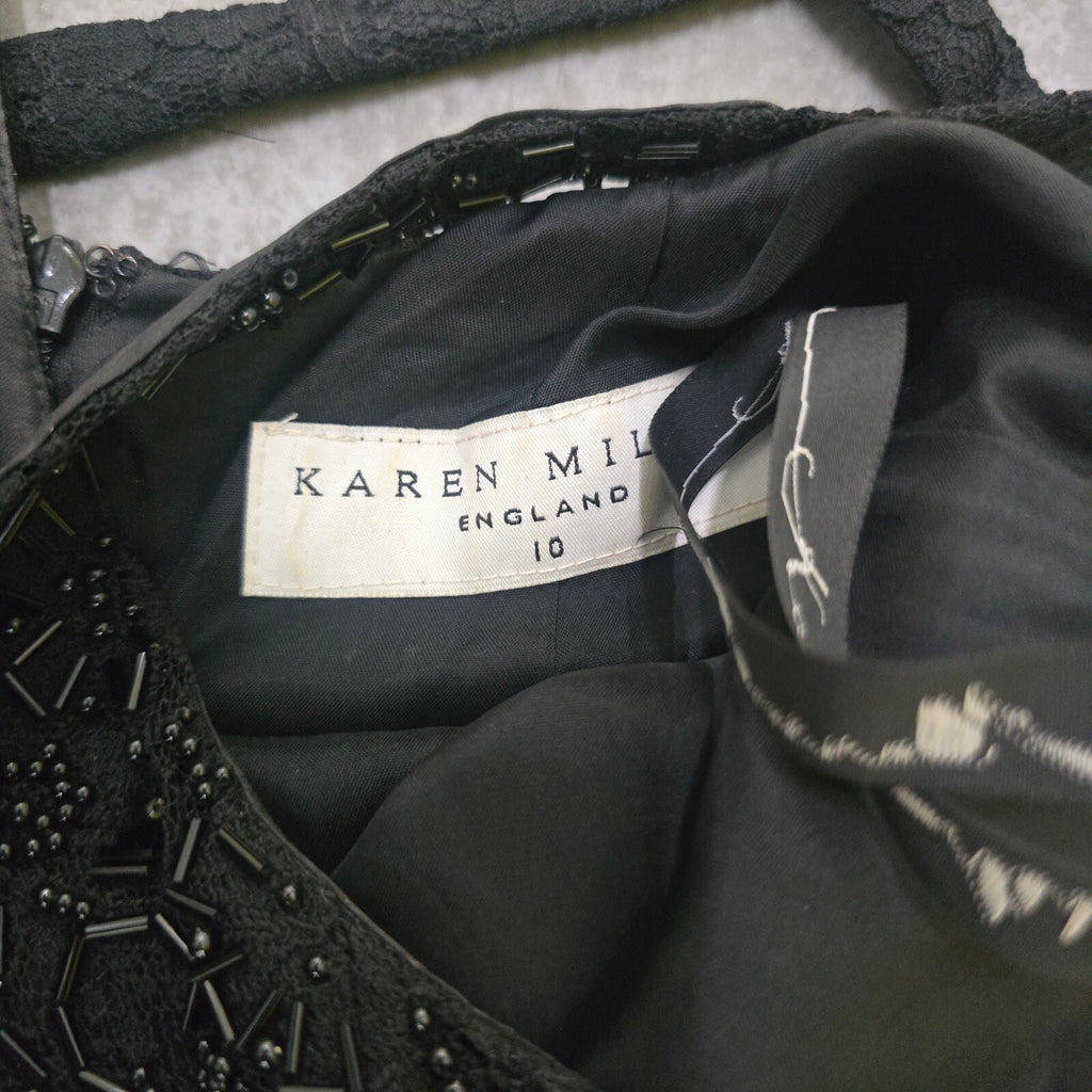 Karen Millen Black Beaded Embellished Evening V neck Maxi Dress Size 10, vintage