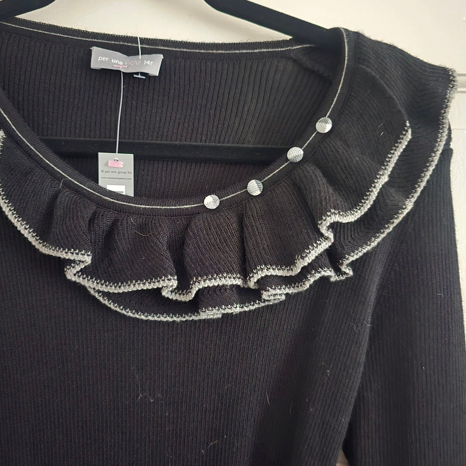 Per Una Black Ribbed Knit Midi Dress with Ruffled Collar and Belt, BNWT, size 14