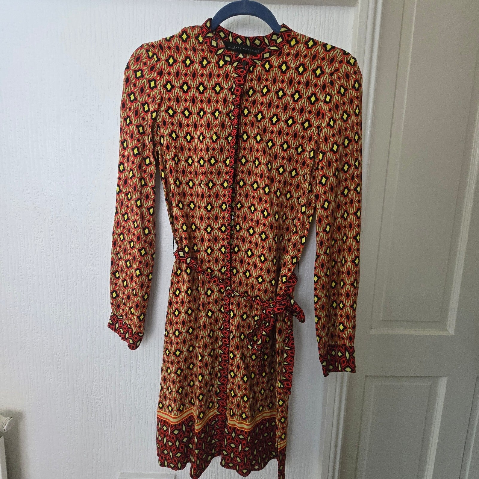 Zara Woman Patterned Long Sleeve Dress with Belt Size EUR S / UK 8