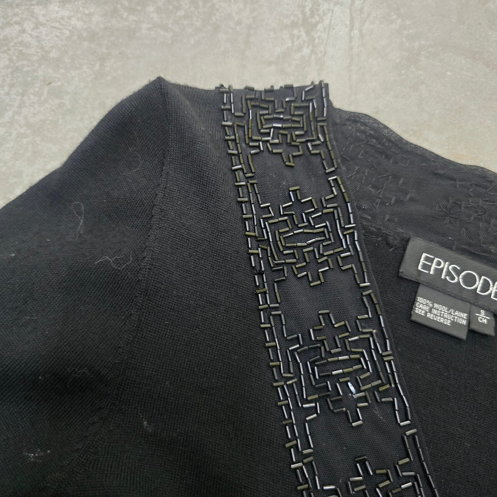 Episode Black Long Sleeve Knit Top with Beaded Trim Size S, 100% wool
