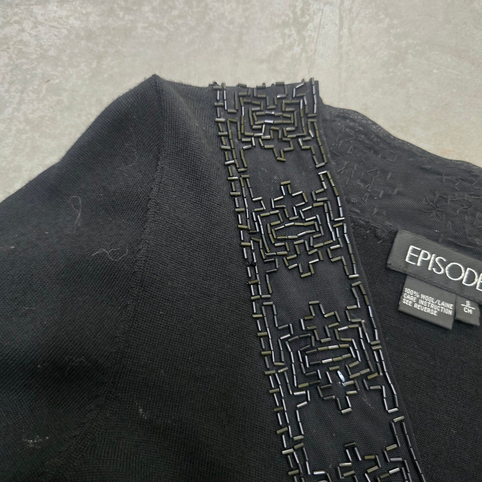 Episode Black Long Sleeve Knit Top with Beaded Trim Size S, 100% wool