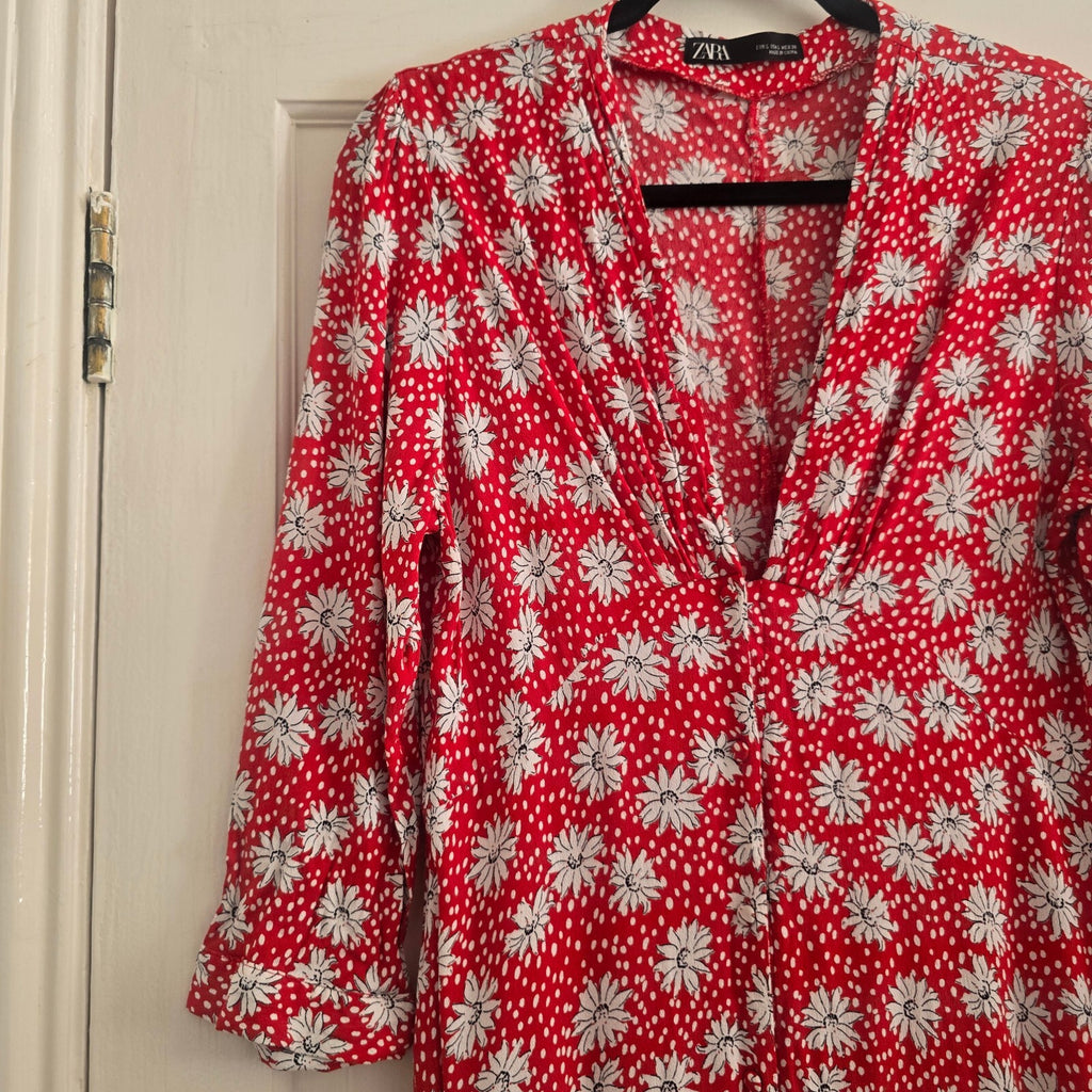 Zara Red Floral Print Long Sleeve Maxi V Neck Dress, Size L, blogger influencer