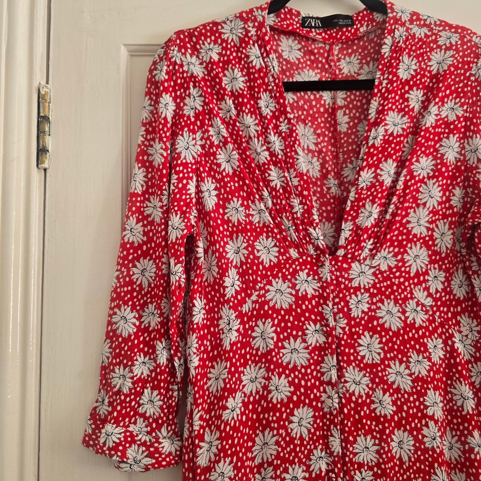 Zara Red Floral Print Long Sleeve Maxi V Neck Dress, Size L, blogger influencer