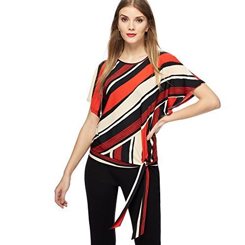 Principles Women's Red, Black, and Beige Striped Short Sleeve Top Size 12