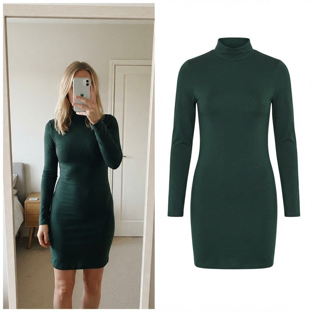 New Look Dark Green Long Sleeve Turtleneck Bodycon Dress UK 12 EU 40 USA 8