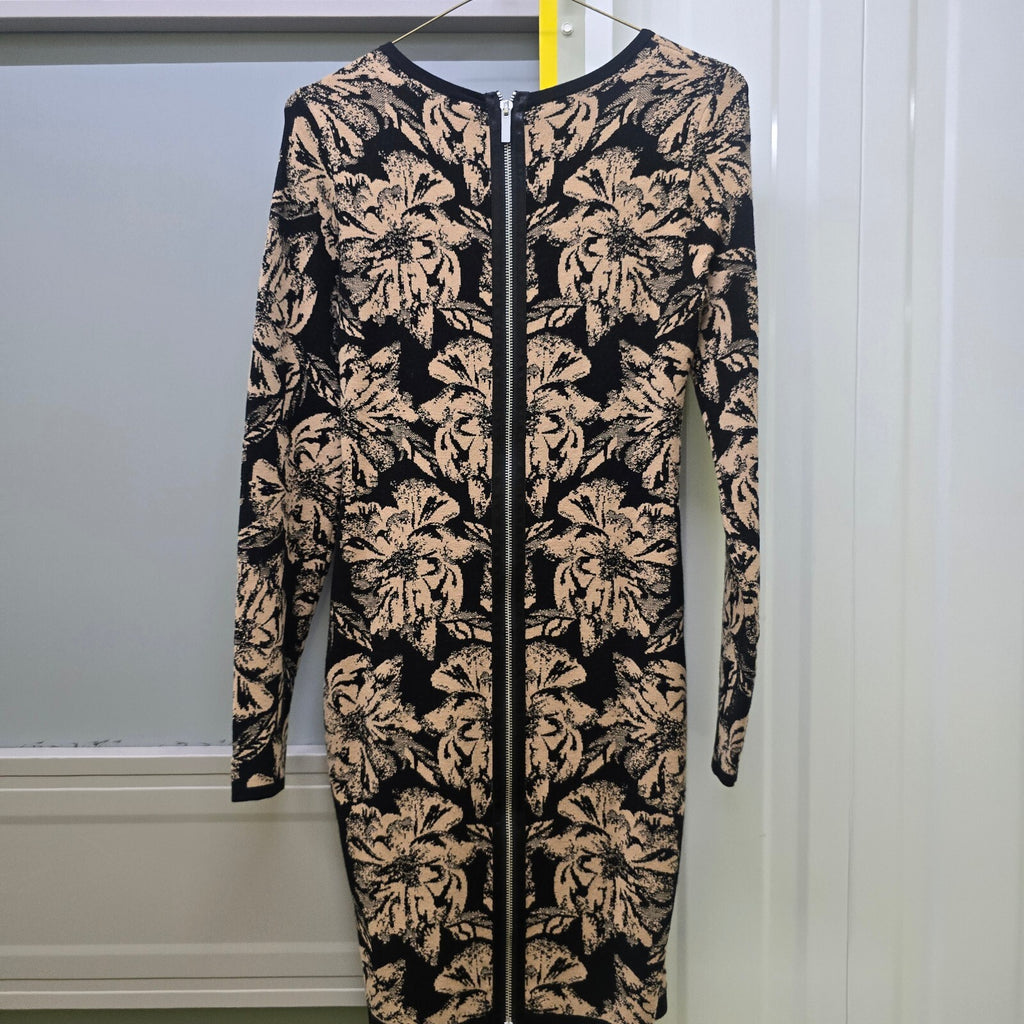 Karen Millen Black and Beige Floral Long Sleeve Dress with Back Zip, size S