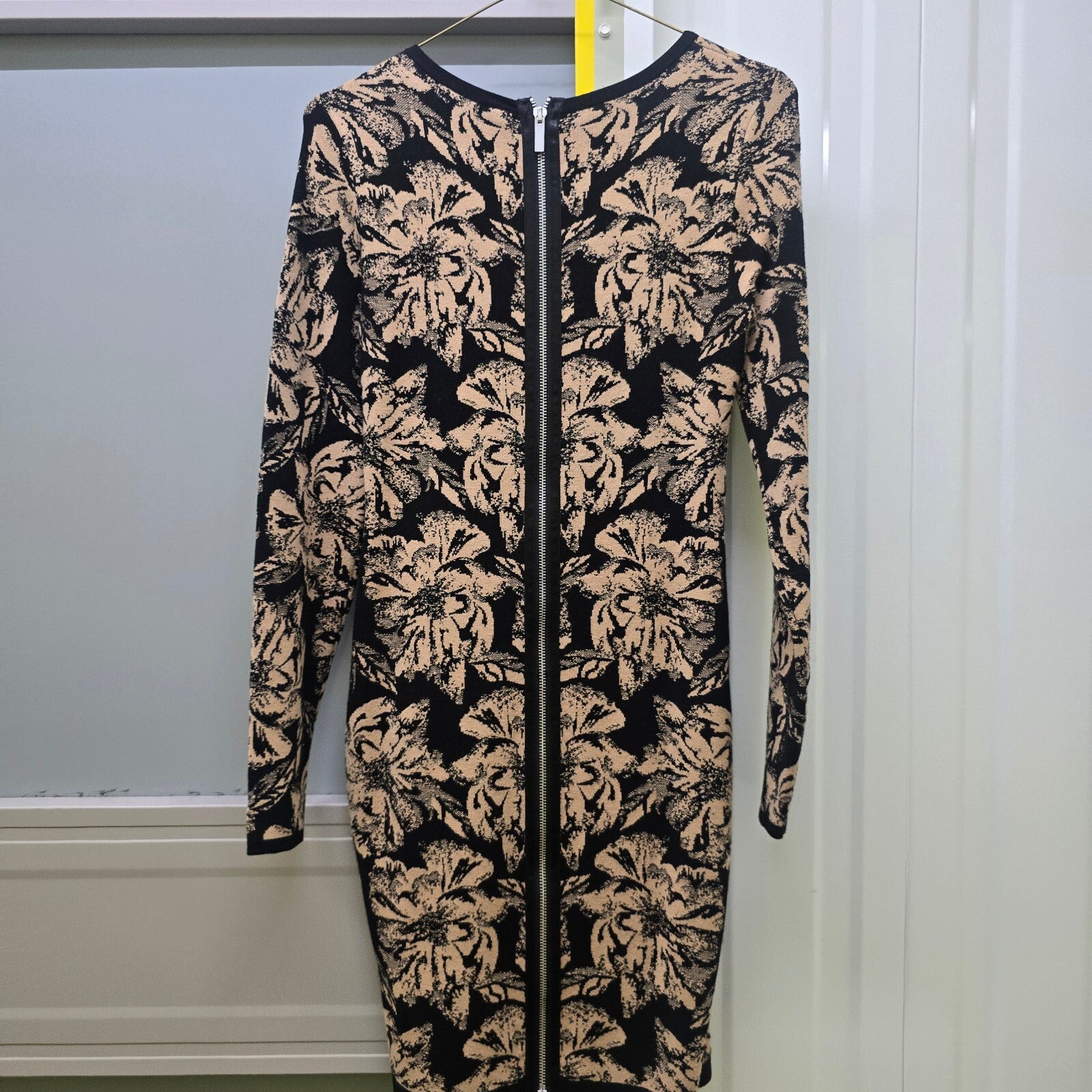 Karen Millen Black and Beige Floral Long Sleeve Dress with Back Zip, size S