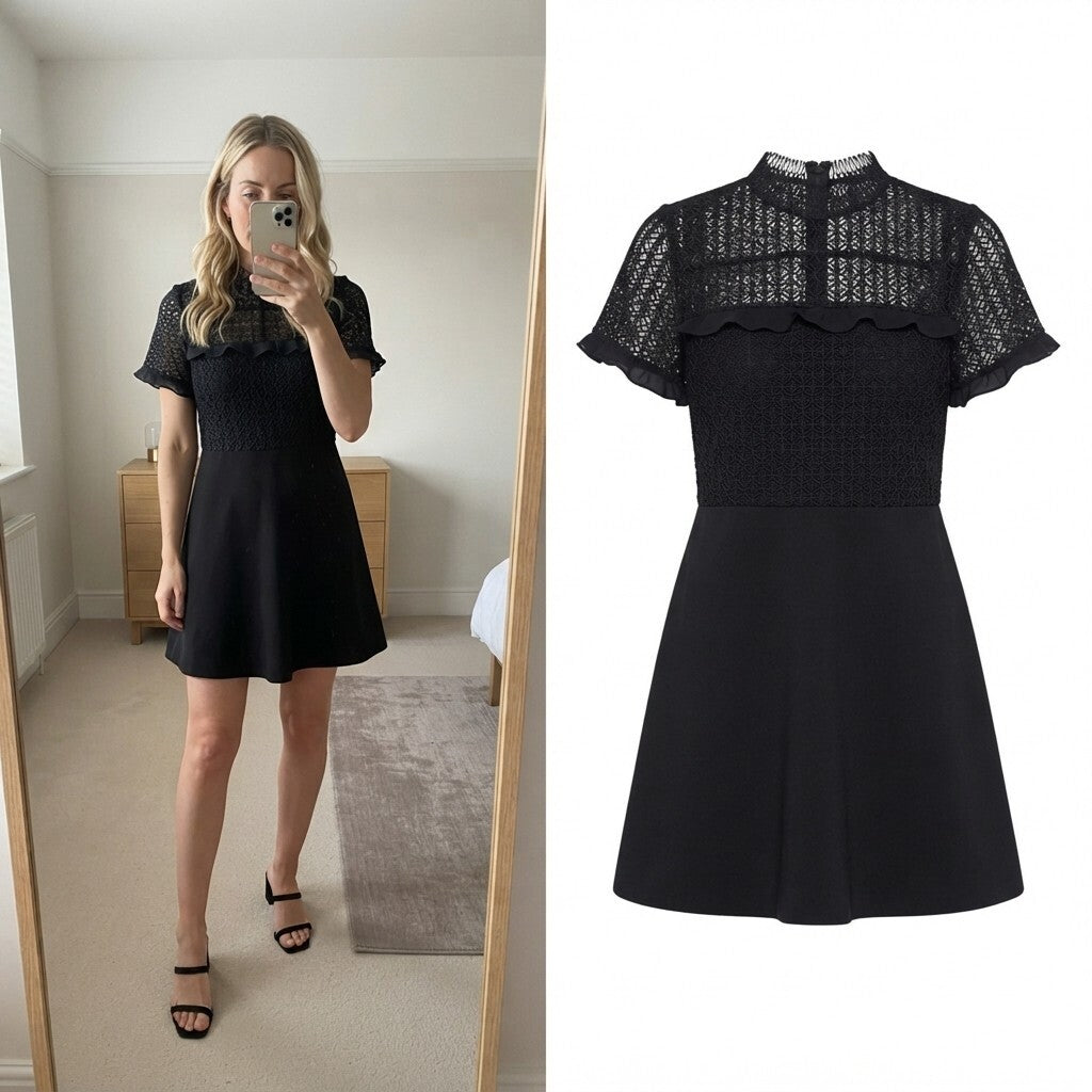 Zara Woman Black Lace and Solid Mini Dress, a line, skater, size M