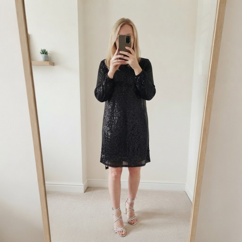 Wallis Black Sequin Long Sleeve Knee Length Dress UK 18 rrp £48 BNWT, sparkle