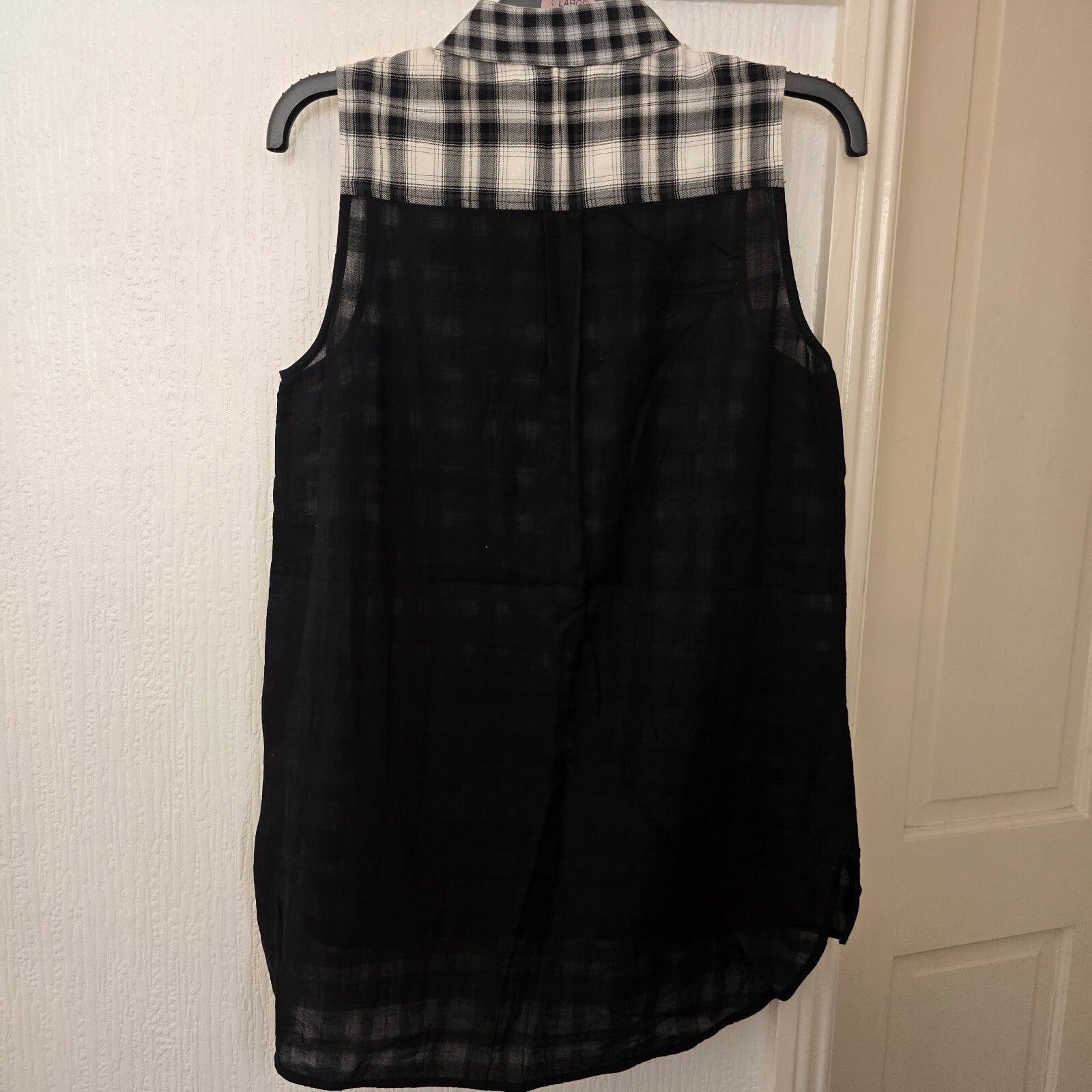 Karen Millen Sleeveless Black and White Checkered Cotton Shirt UK 12, sheer back